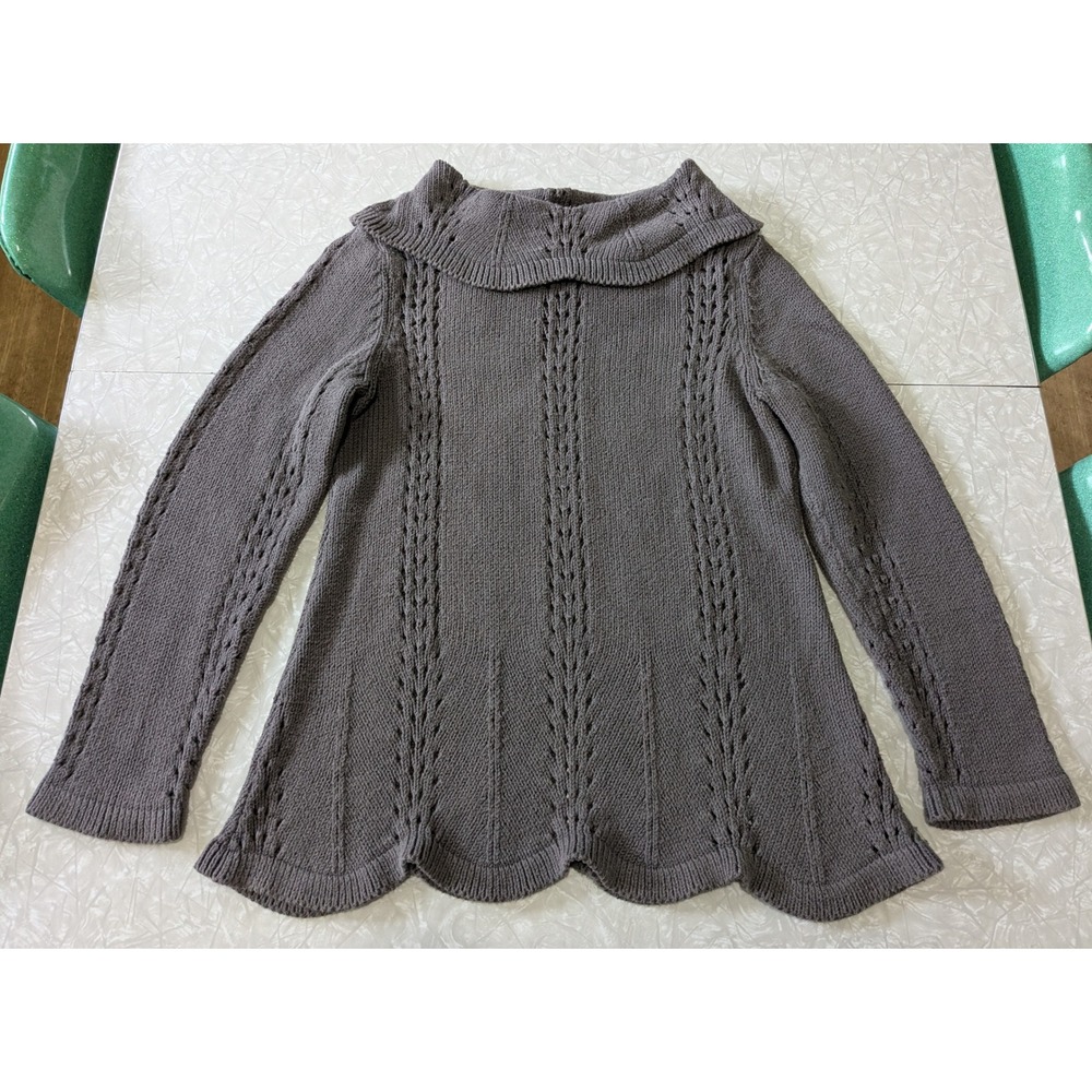 Pure Handknit Fresh Produce Gray Cotton Pointelle Scalloped Hem Sweater SM